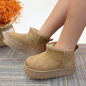 Women TAUPE  Winter Slip On Warm Fur Suede Snow Ankle Boots Slipper 2 Inch Sole